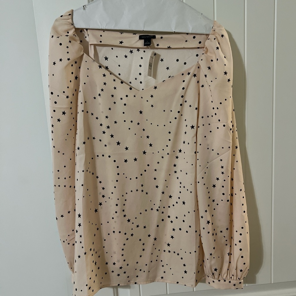 Ann Taylor NWT blush pink black star print long sleeve blouse size L